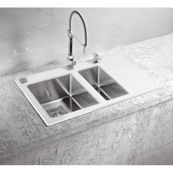 Мойка Alveus Crystalix 20, белое стекло, чаша слева, в комплекте с аксессуарами