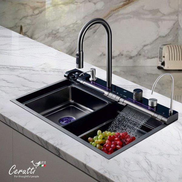 Многофункциональная кухонная мойка Ceruttispa GLORIA Pro nano black (графит) из нержавеющей стали (750х460х230)