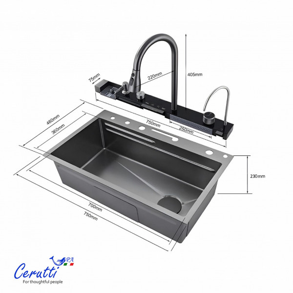 Многофункциональная кухонная мойка Ceruttispa GLORIA Pro nano black (графит) из нержавеющей стали (750х460х230)