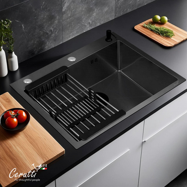 Кухонная мойка Ceruttispa GLORIA 60B nano black (графит) из нержавеющей стали (600х500х220)