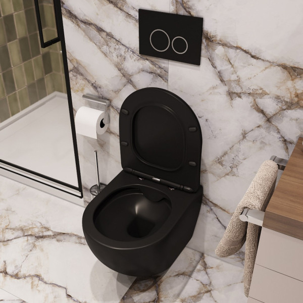 Унитаз подвесной Ceruttispa SELLA Aria MB CT9160 черный матовый, ТЕРМООБЖИГ (не плёнка) безободковый (490х360х325)