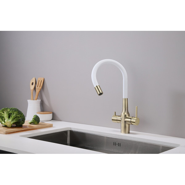 Смеситель для кухни SALIX, бронза, белый шланг, Sa213419-BRw, Paulmark