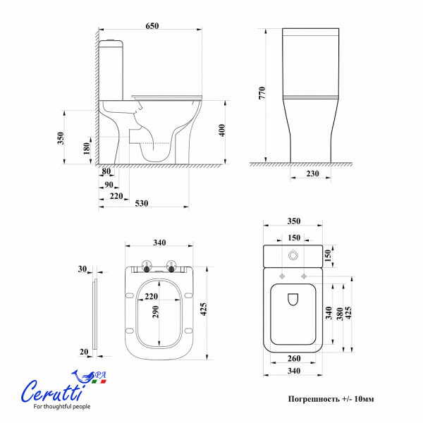 Унитаз напольный Ceruttispa VETTORE CT7192 безободковый (650x340x770)