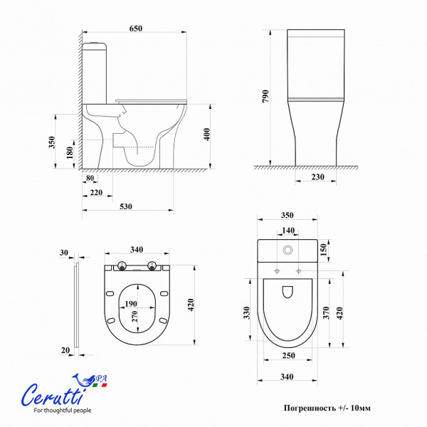 Унитаз напольный Ceruttispa MIRKO Tornado CT11090 безободковый (620х355х790)