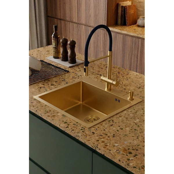 Смеситель для кухонной мойки Hoffger Liza HFG-Liza 500G Gold с гибким изливом, с подключением к фильтру, золото