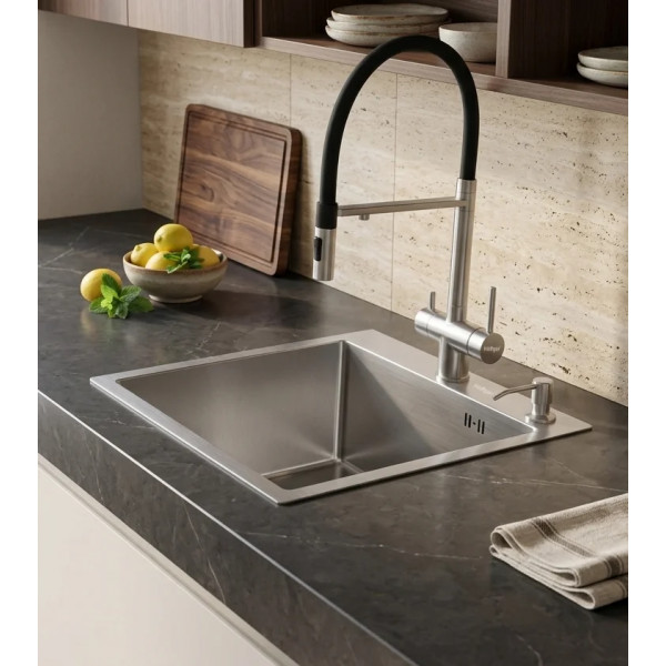 Смеситель для кухонной мойки Hoffger Liza HFG-Liza 500S Satin с гибким изливом, с подключением к фильтру, сатин